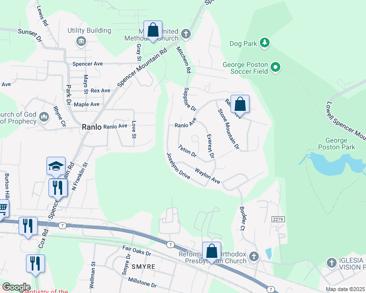 map of restaurants, bars, coffee shops, grocery stores, and more near 3055 Teton Drive in Gastonia
