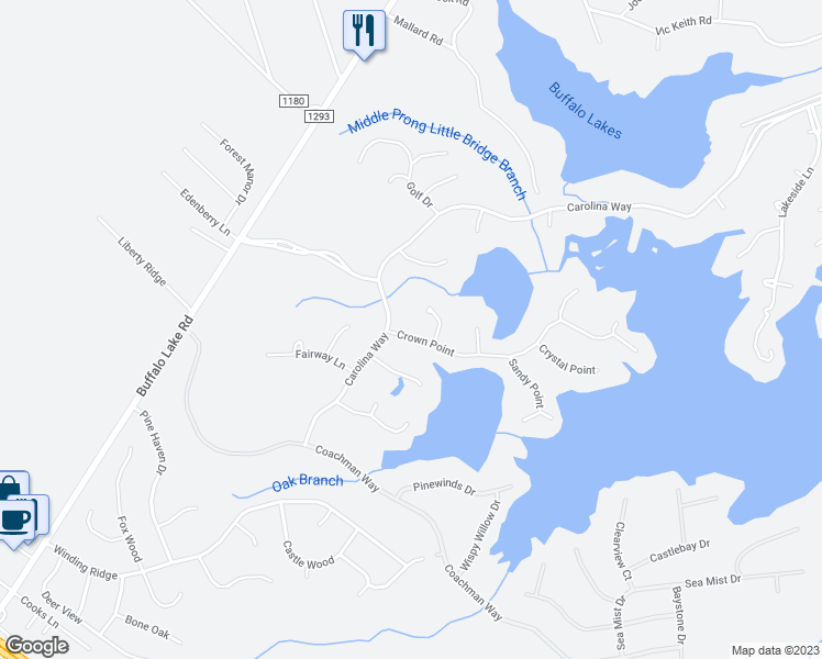 map of restaurants, bars, coffee shops, grocery stores, and more near 35 Crown Point in Sanford