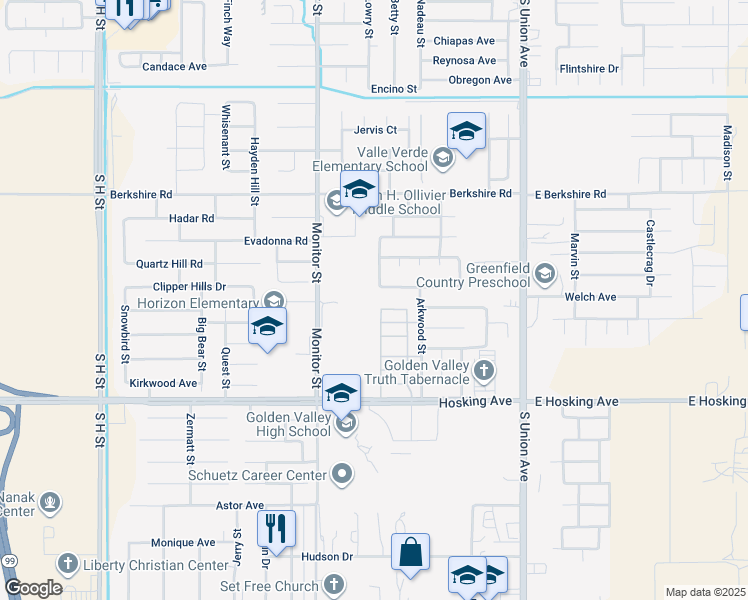 map of restaurants, bars, coffee shops, grocery stores, and more near 600 Hosking Avenue in Bakersfield