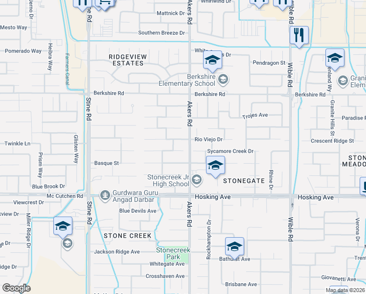 map of restaurants, bars, coffee shops, grocery stores, and more near 4115 Rock Lake Drive in Bakersfield