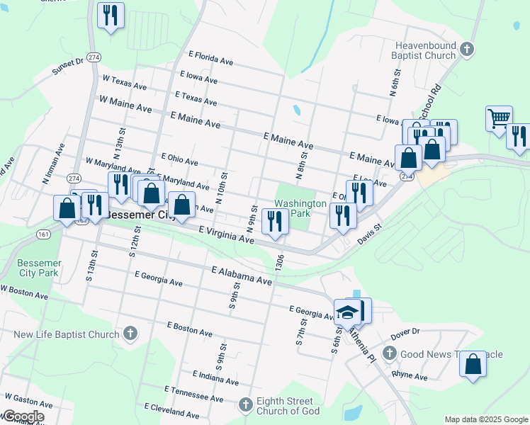 map of restaurants, bars, coffee shops, grocery stores, and more near 414 East Washington Avenue in Bessemer City