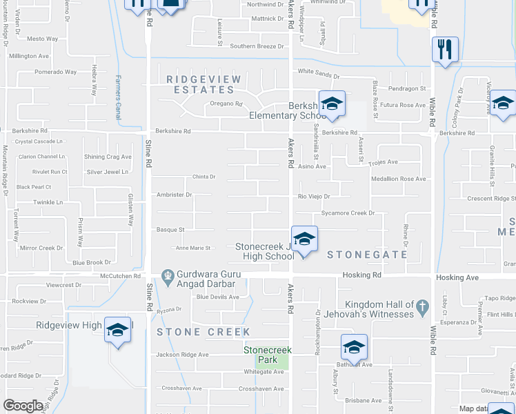 map of restaurants, bars, coffee shops, grocery stores, and more near 4204 Rock Lake Drive in Bakersfield