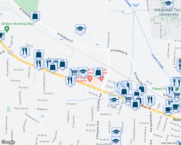 map of restaurants, bars, coffee shops, grocery stores, and more near 325 North Seattle Avenue in Russellville