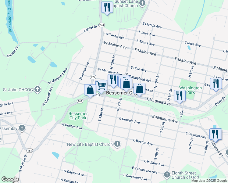 map of restaurants, bars, coffee shops, grocery stores, and more near in Bessemer City