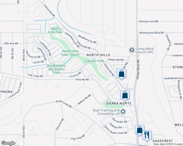 map of restaurants, bars, coffee shops, grocery stores, and more near 1600 Evelyn Drive Northeast in Rio Rancho