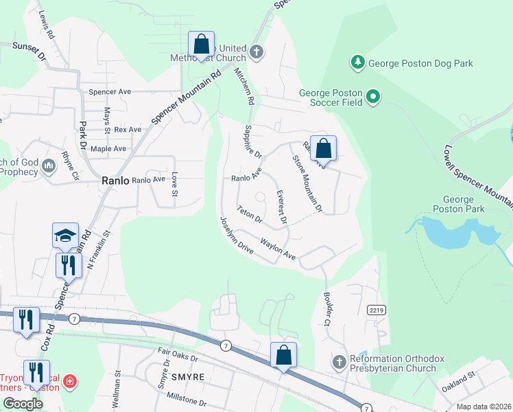 map of restaurants, bars, coffee shops, grocery stores, and more near 3296 Denali Court in Gastonia