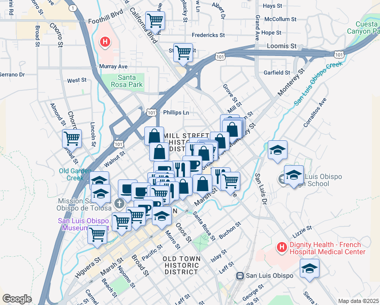 map of restaurants, bars, coffee shops, grocery stores, and more near 1235 Palm Street in San Luis Obispo
