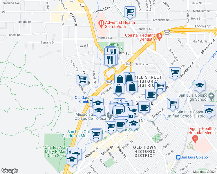 map of restaurants, bars, coffee shops, grocery stores, and more near 652 Morro Street in San Luis Obispo