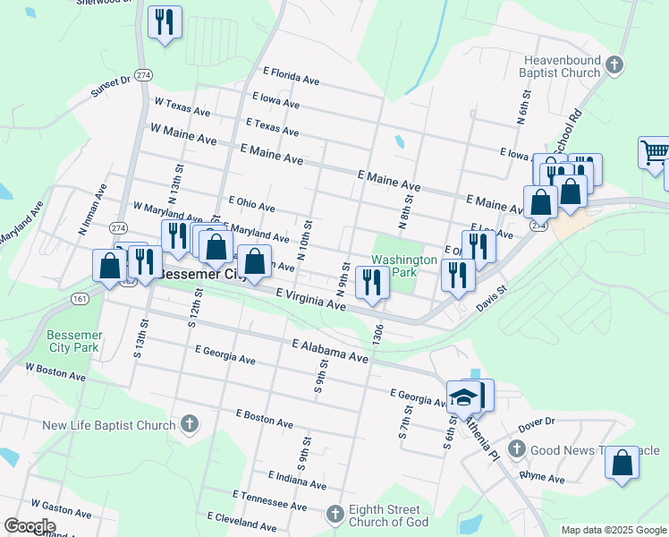 map of restaurants, bars, coffee shops, grocery stores, and more near 314 East Washington Avenue in Bessemer City