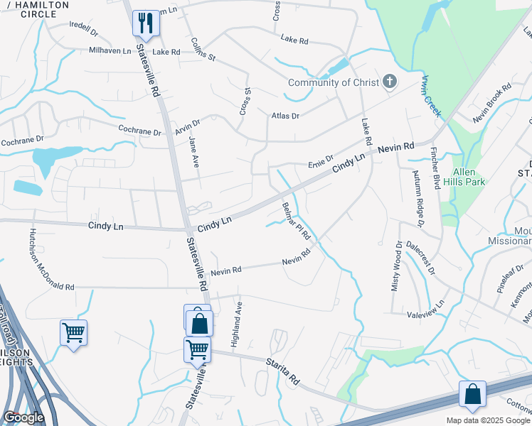 map of restaurants, bars, coffee shops, grocery stores, and more near 2434 Cairns Mill Court in Charlotte