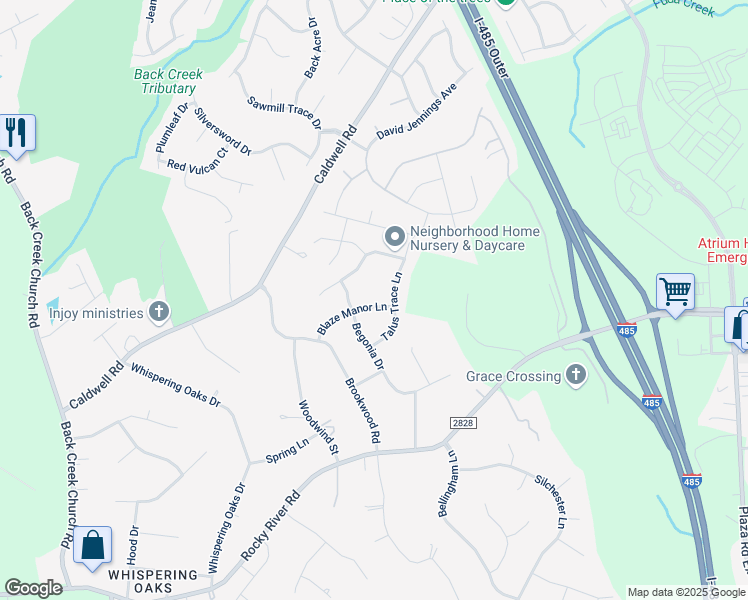 map of restaurants, bars, coffee shops, grocery stores, and more near 13112 Blaze Manor Lane in Charlotte