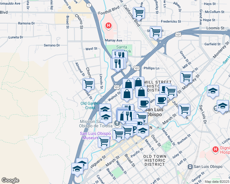 map of restaurants, bars, coffee shops, grocery stores, and more near 968 Walnut Street in San Luis Obispo