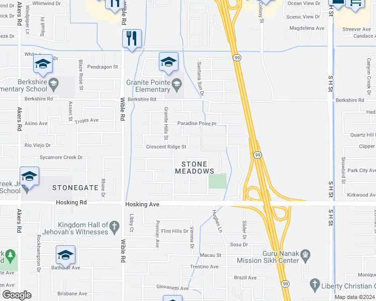 map of restaurants, bars, coffee shops, grocery stores, and more near 2801 Crescent Ridge Street in Bakersfield