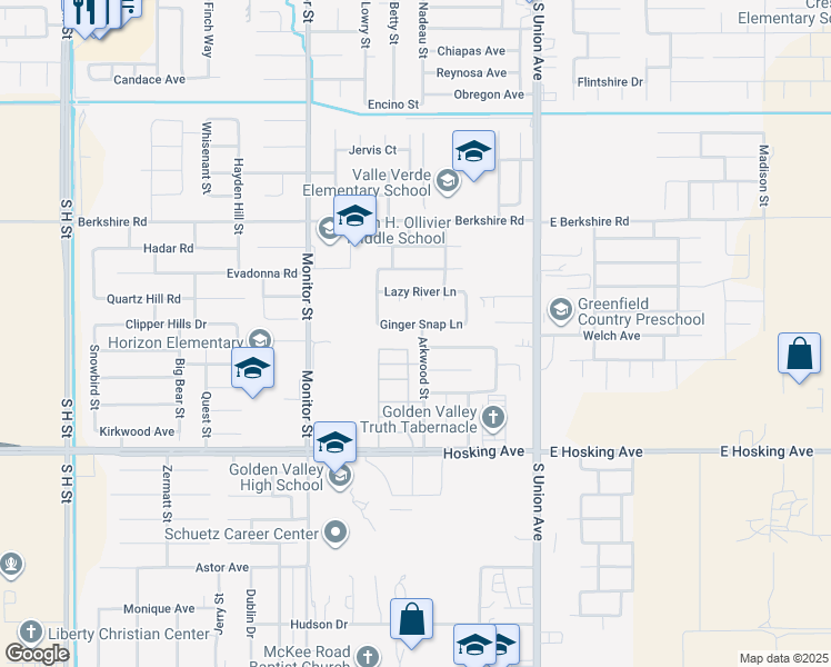map of restaurants, bars, coffee shops, grocery stores, and more near 503 Ginger Snap Lane in Bakersfield