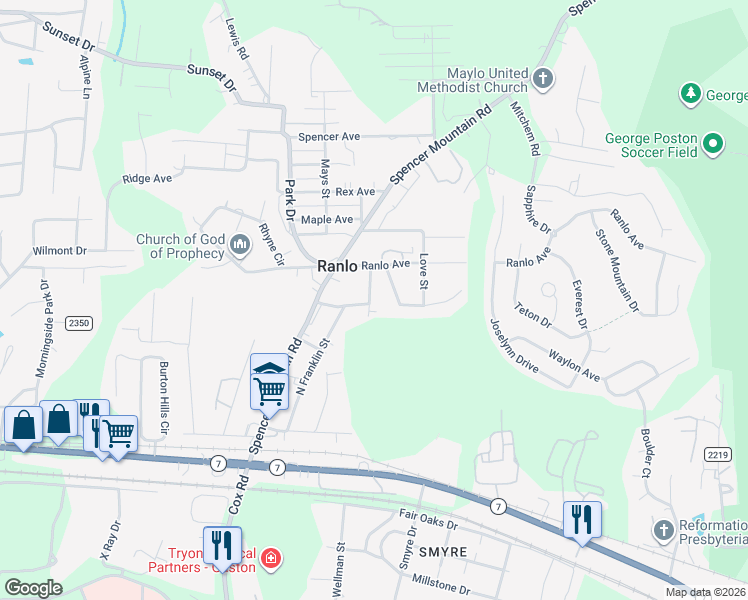 map of restaurants, bars, coffee shops, grocery stores, and more near 15 Rhyne Place in Gastonia