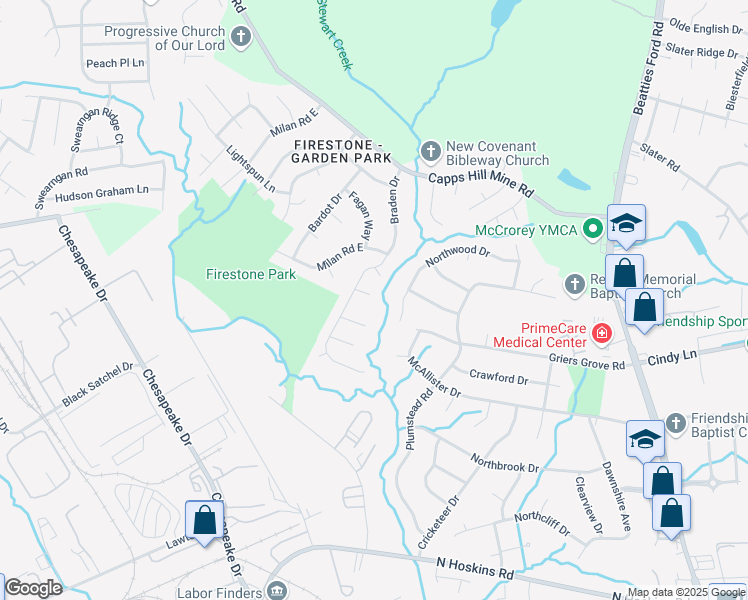 map of restaurants, bars, coffee shops, grocery stores, and more near 1320 Winding Branch Court in Charlotte