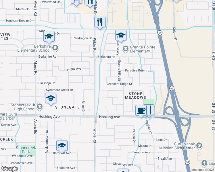 map of restaurants, bars, coffee shops, grocery stores, and more near 3100 Willow Basin Lane in Bakersfield