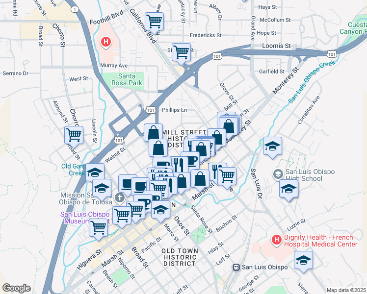 map of restaurants, bars, coffee shops, grocery stores, and more near 1235 Palm Street in San Luis Obispo