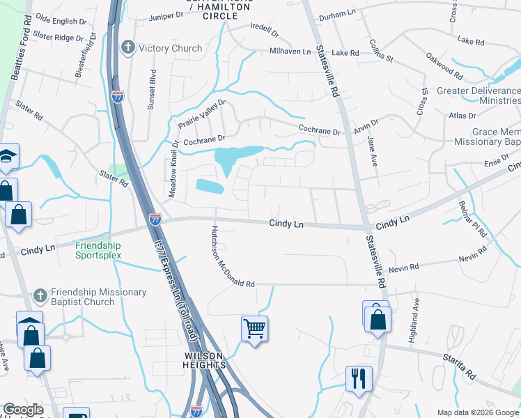 map of restaurants, bars, coffee shops, grocery stores, and more near 2905 Cindy Lane in Charlotte