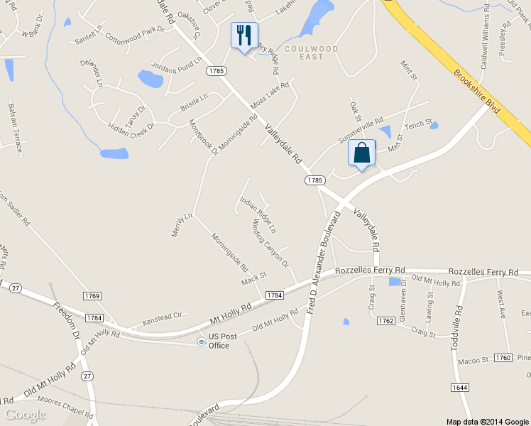 map of restaurants, bars, coffee shops, grocery stores, and more near 404 Winding Canyon Drive in Charlotte