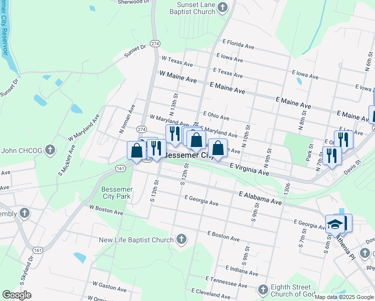map of restaurants, bars, coffee shops, grocery stores, and more near in Bessemer City