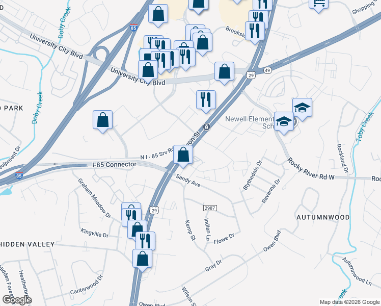 map of restaurants, bars, coffee shops, grocery stores, and more near 404 Gallop Lane in Charlotte