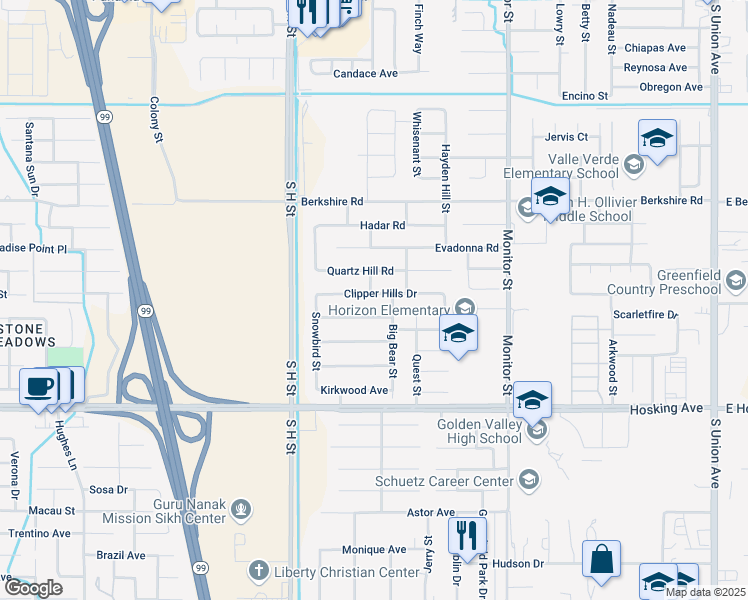 map of restaurants, bars, coffee shops, grocery stores, and more near 1327 Clipper Hills Drive in Bakersfield