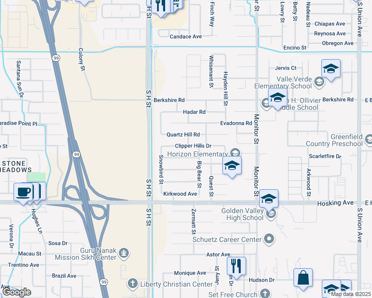 map of restaurants, bars, coffee shops, grocery stores, and more near 1401 Clipper Hills Drive in Bakersfield