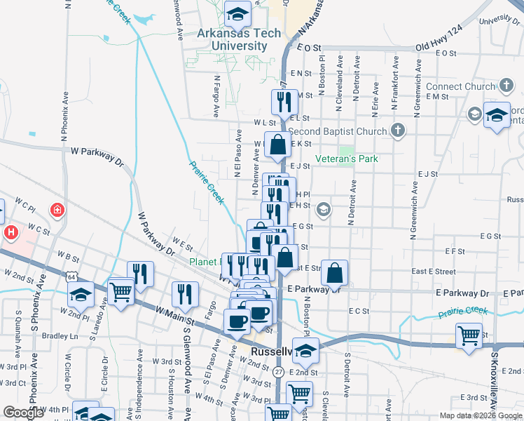 map of restaurants, bars, coffee shops, grocery stores, and more near 115 West H Street in Russellville