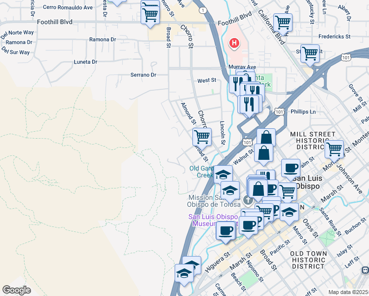 map of restaurants, bars, coffee shops, grocery stores, and more near 644 Mountain View Street in San Luis Obispo