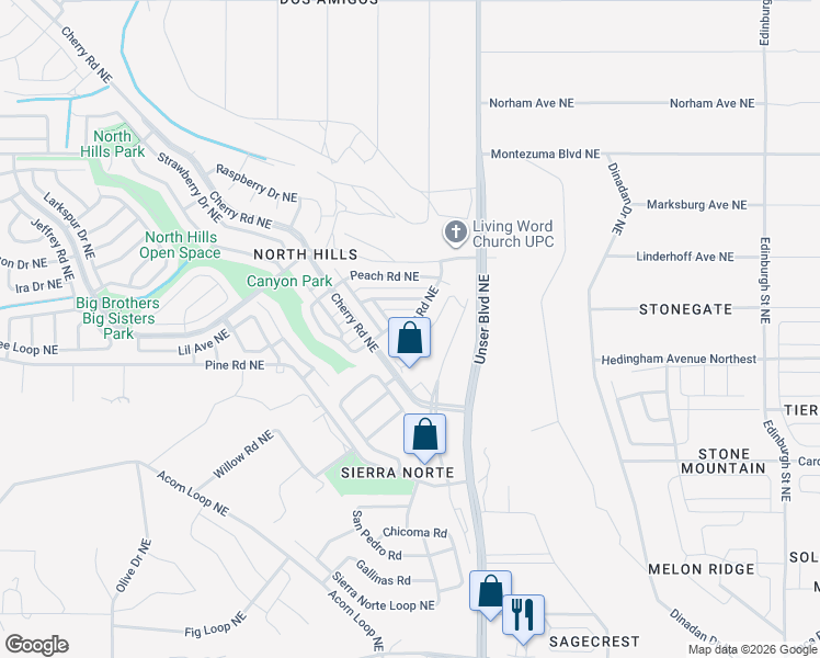 map of restaurants, bars, coffee shops, grocery stores, and more near 1640 Plum Road Northeast in Rio Rancho