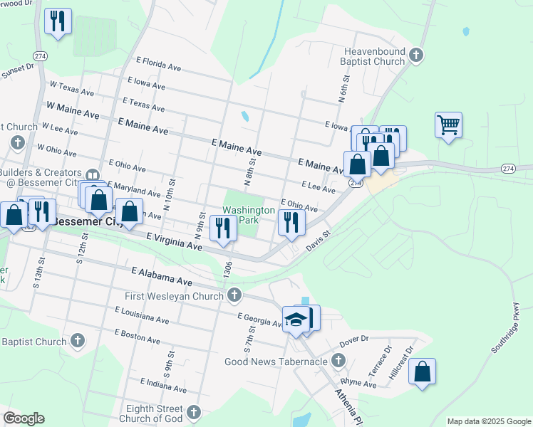 map of restaurants, bars, coffee shops, grocery stores, and more near 503 East Maryland Avenue in Bessemer City