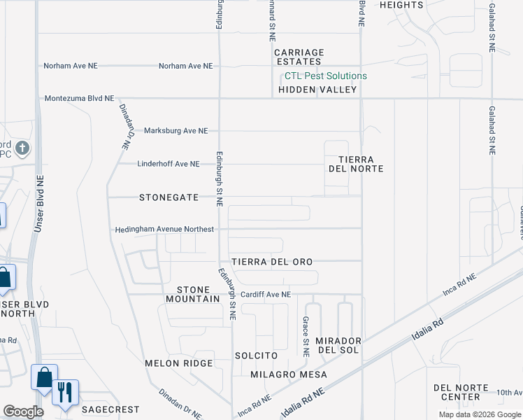 map of restaurants, bars, coffee shops, grocery stores, and more near 1327 San Juan Court Northeast in Rio Rancho