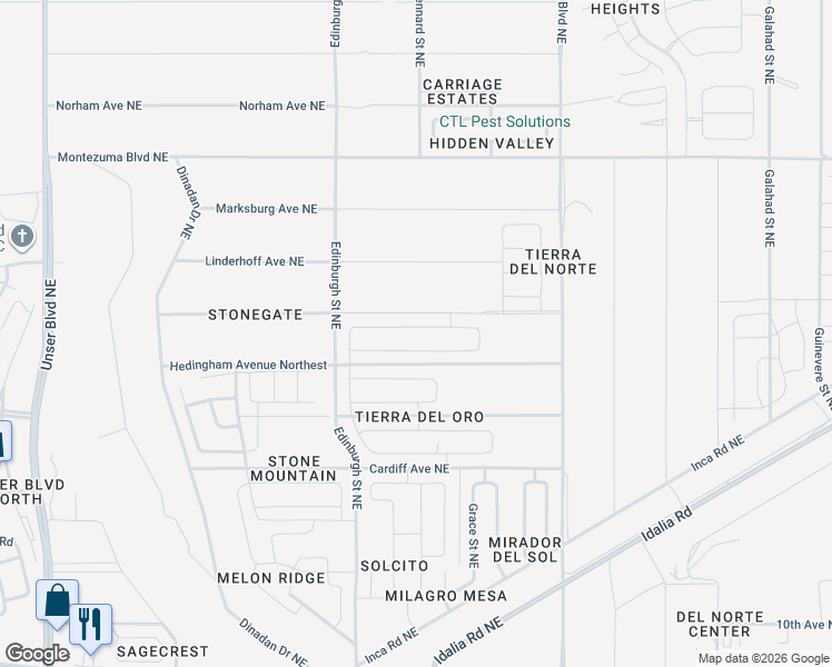 map of restaurants, bars, coffee shops, grocery stores, and more near 1327 San Juan Court Northeast in Rio Rancho