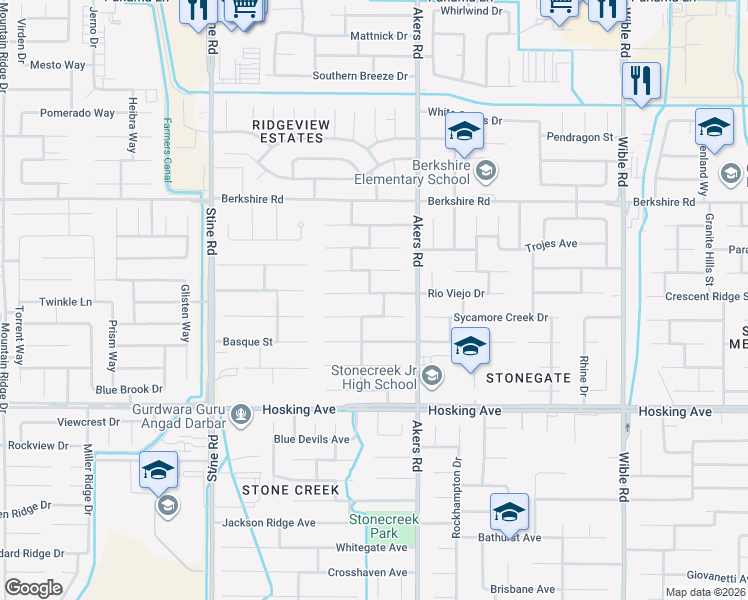 map of restaurants, bars, coffee shops, grocery stores, and more near 4115 Rock Lake Drive in Bakersfield