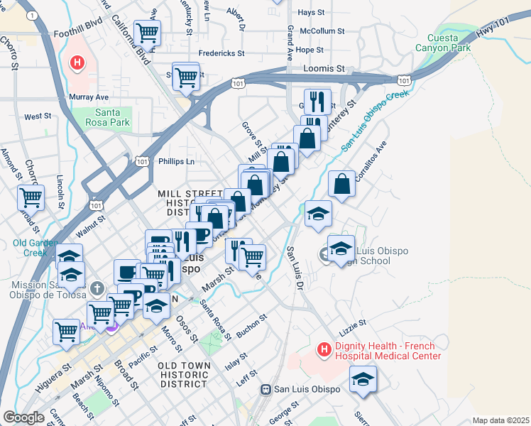 map of restaurants, bars, coffee shops, grocery stores, and more near 1426 Marsh Street in San Luis Obispo