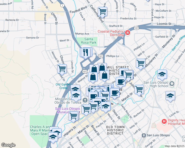 map of restaurants, bars, coffee shops, grocery stores, and more near 1027 Peach Street in San Luis Obispo