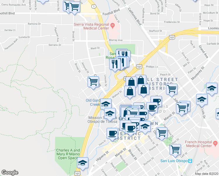 map of restaurants, bars, coffee shops, grocery stores, and more near 860 Walnut Street in San Luis Obispo