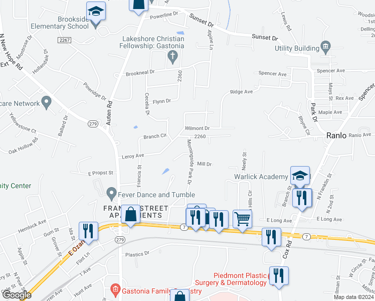 map of restaurants, bars, coffee shops, grocery stores, and more near 1007 Morningside Park Drive in Gastonia