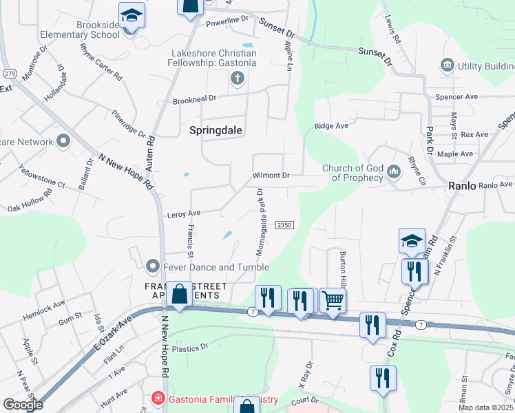 map of restaurants, bars, coffee shops, grocery stores, and more near 1119 Morningside Park Drive in Gastonia