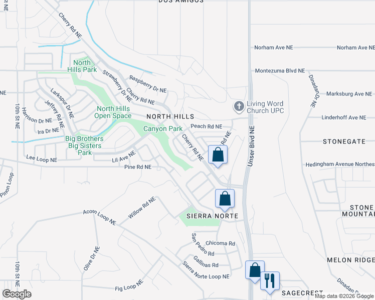 map of restaurants, bars, coffee shops, grocery stores, and more near 1651 Greenview Way Northeast in Rio Rancho