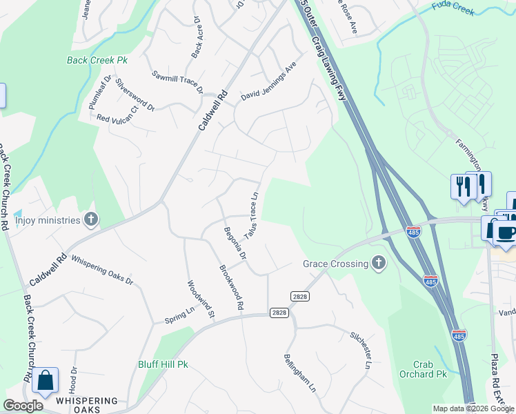 map of restaurants, bars, coffee shops, grocery stores, and more near 5330 Talus Trace Lane in Charlotte