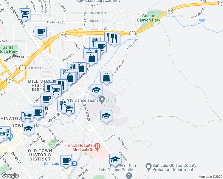 map of restaurants, bars, coffee shops, grocery stores, and more near 1395 Cazadero Street in San Luis Obispo