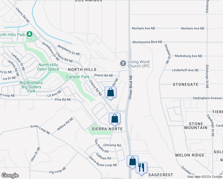 map of restaurants, bars, coffee shops, grocery stores, and more near 1640 Plum Road Northeast in Rio Rancho