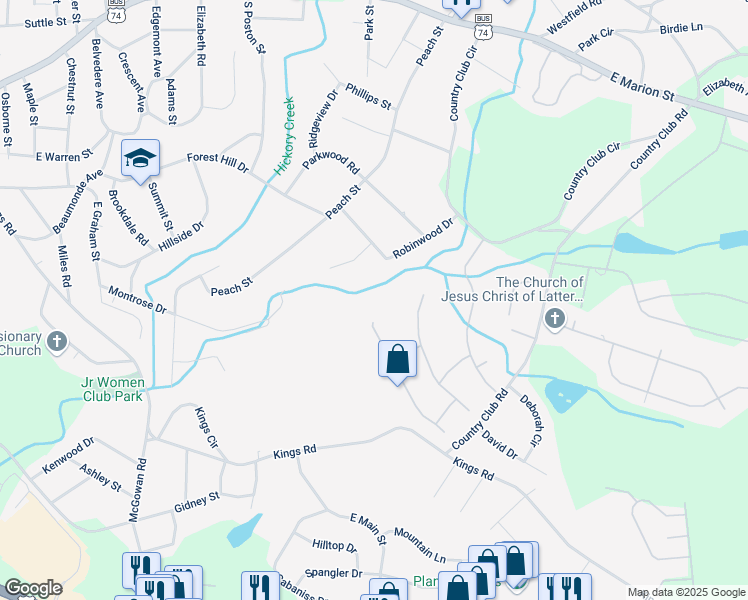 map of restaurants, bars, coffee shops, grocery stores, and more near 401 Williamsfield Drive in Shelby