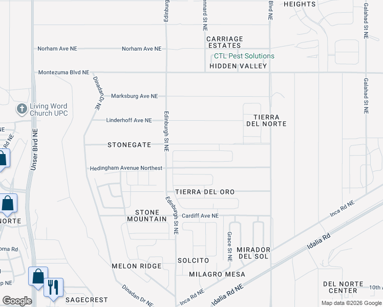 map of restaurants, bars, coffee shops, grocery stores, and more near 1327 San Juan Court Northeast in Rio Rancho