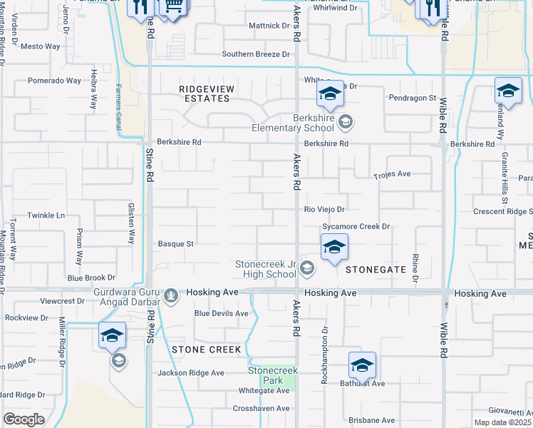 map of restaurants, bars, coffee shops, grocery stores, and more near 4115 Rock Lake Drive in Bakersfield