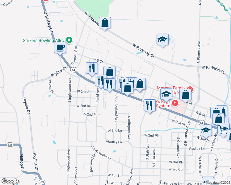 map of restaurants, bars, coffee shops, grocery stores, and more near 130 South Cumberland Avenue in Russellville