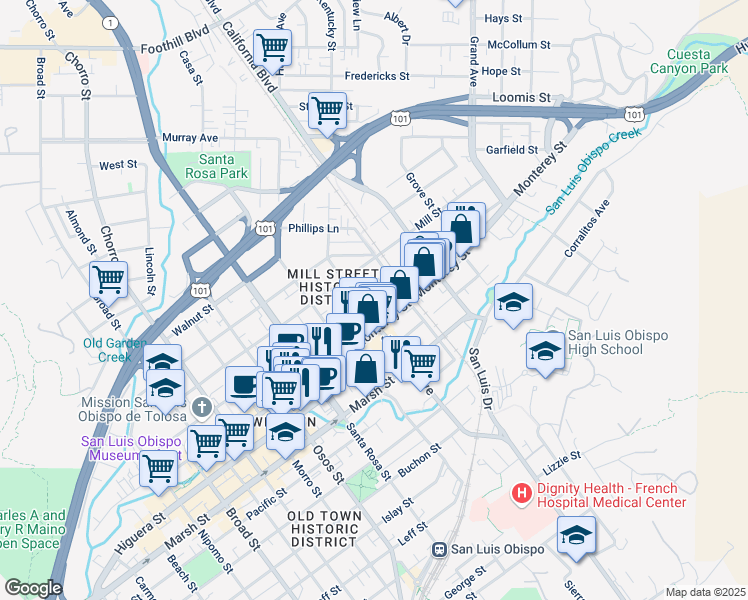map of restaurants, bars, coffee shops, grocery stores, and more near 1317 Palm Street in San Luis Obispo