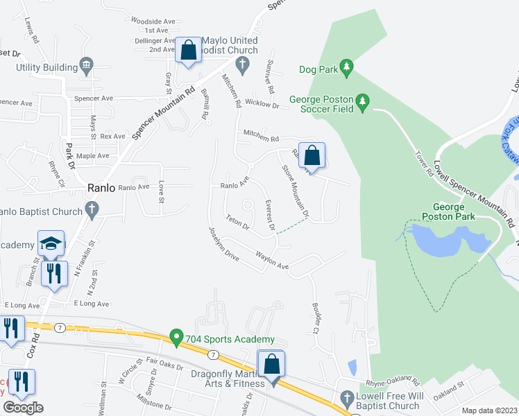 map of restaurants, bars, coffee shops, grocery stores, and more near 3228 Denali Court in Gastonia